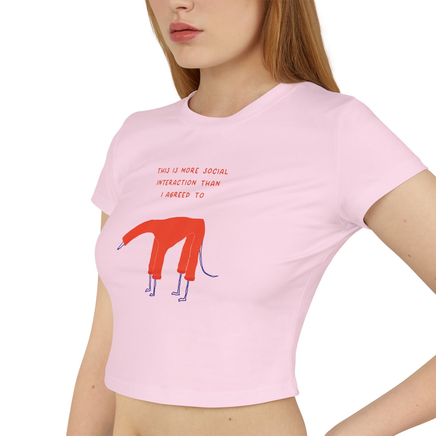Women's Baby Tee — Quirky Red Dog Illustration Tee ("This Is Where Social Distancing Took Me")