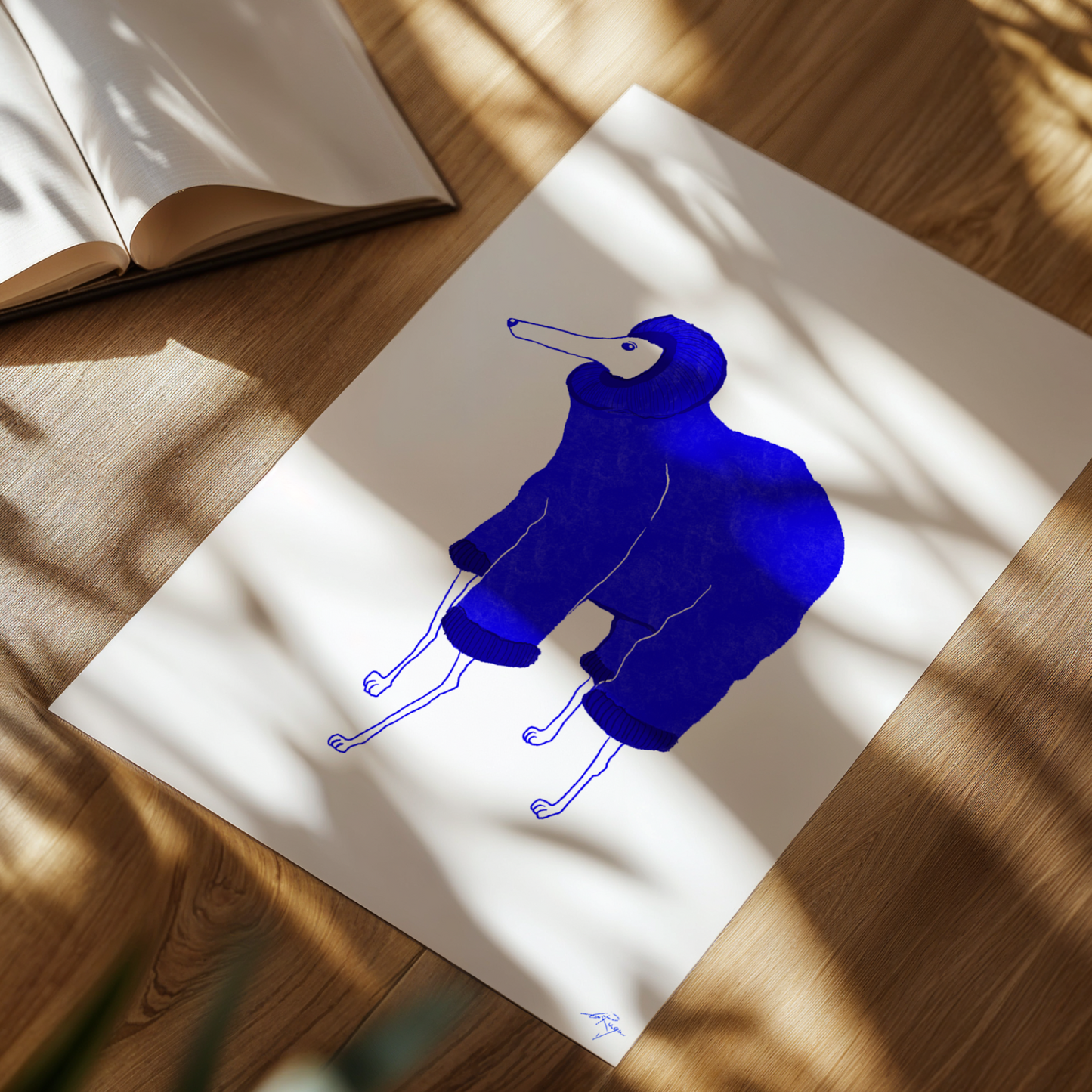 Blue whippet in a coat illustration art print, minimalist dog wall art