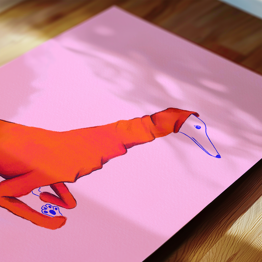 Dressed-up greyhound illustration art print on pink background