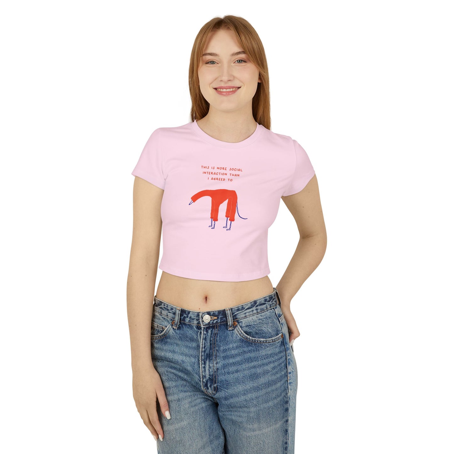 Women's Baby Tee — Quirky Red Dog Illustration Tee ("This Is Where Social Distancing Took Me")