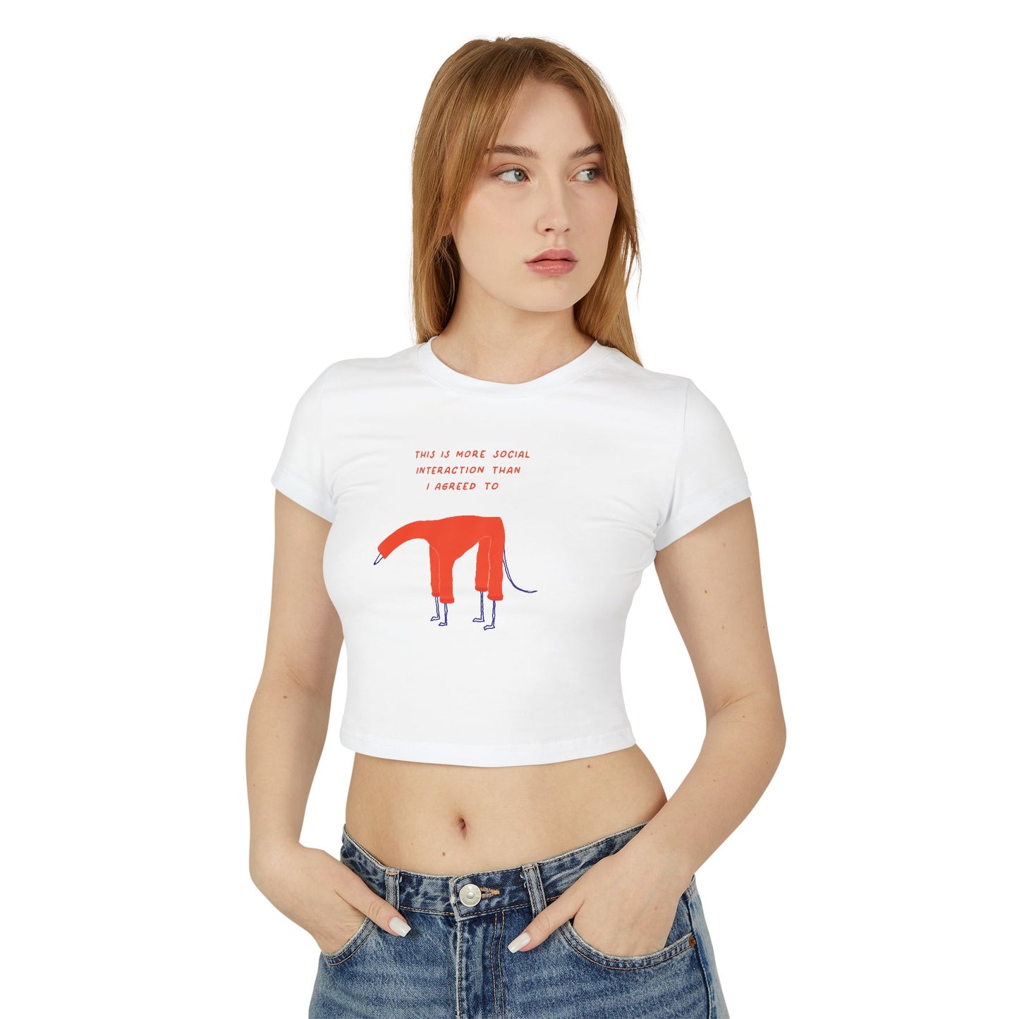 Women's Baby Tee — Quirky Red Dog Illustration Tee ("This Is Where Social Distancing Took Me")