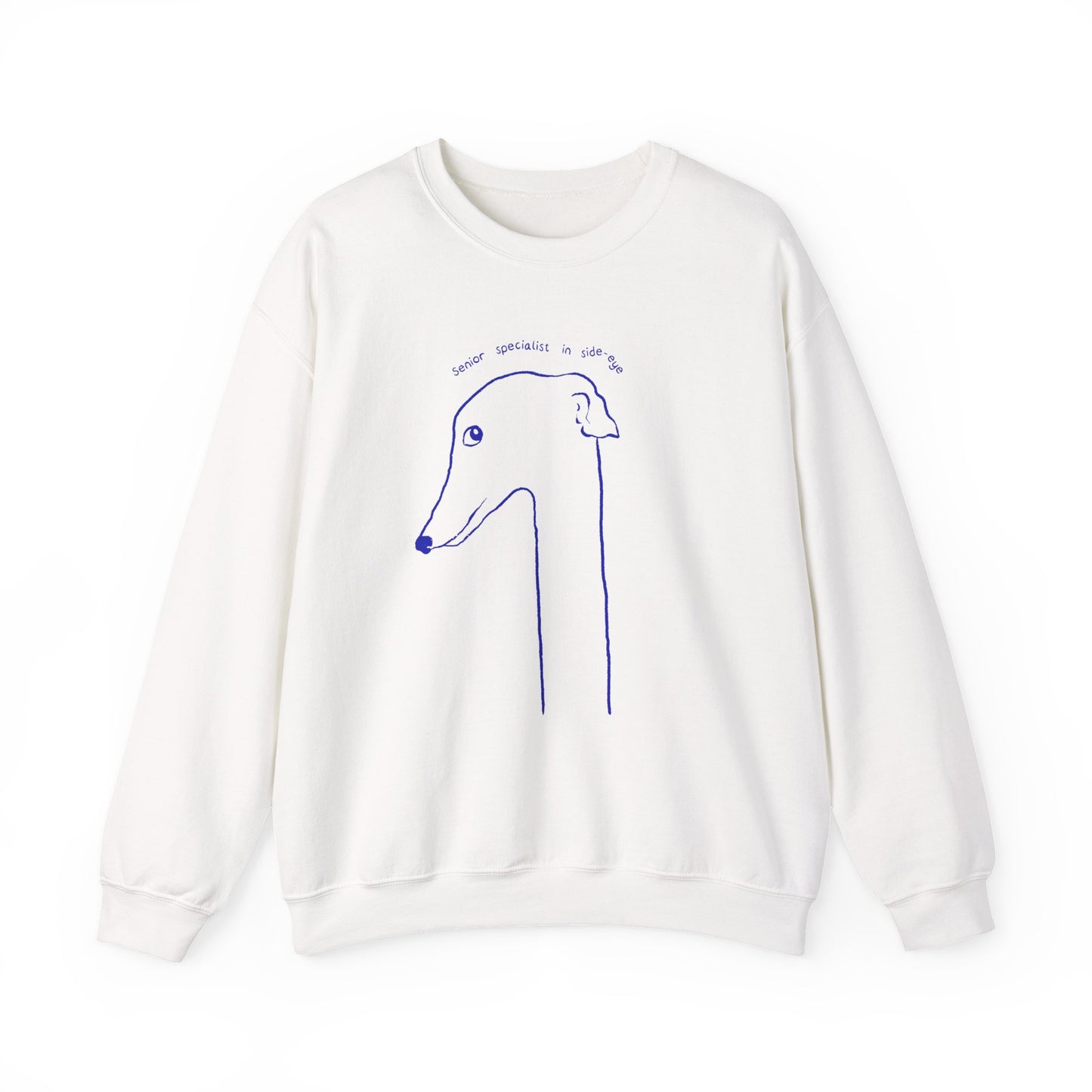 Greyhound illustration white sweatshirt with side eye graphic worn by model