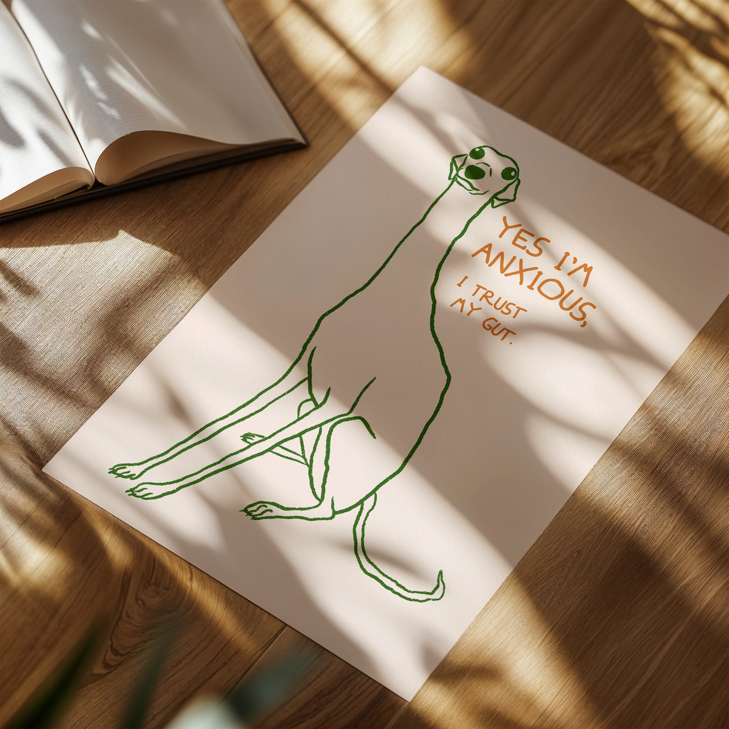 Greyhound illustration art print with text “Yes, I’m anxious”