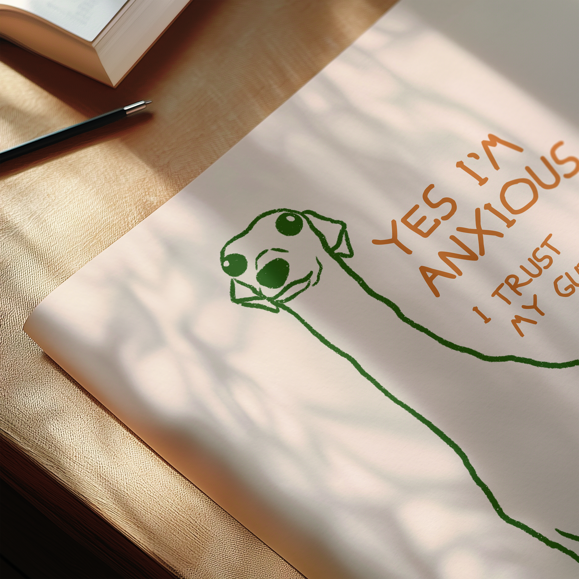 Close up Greyhound illustration art print with text “Yes, I’m anxious”