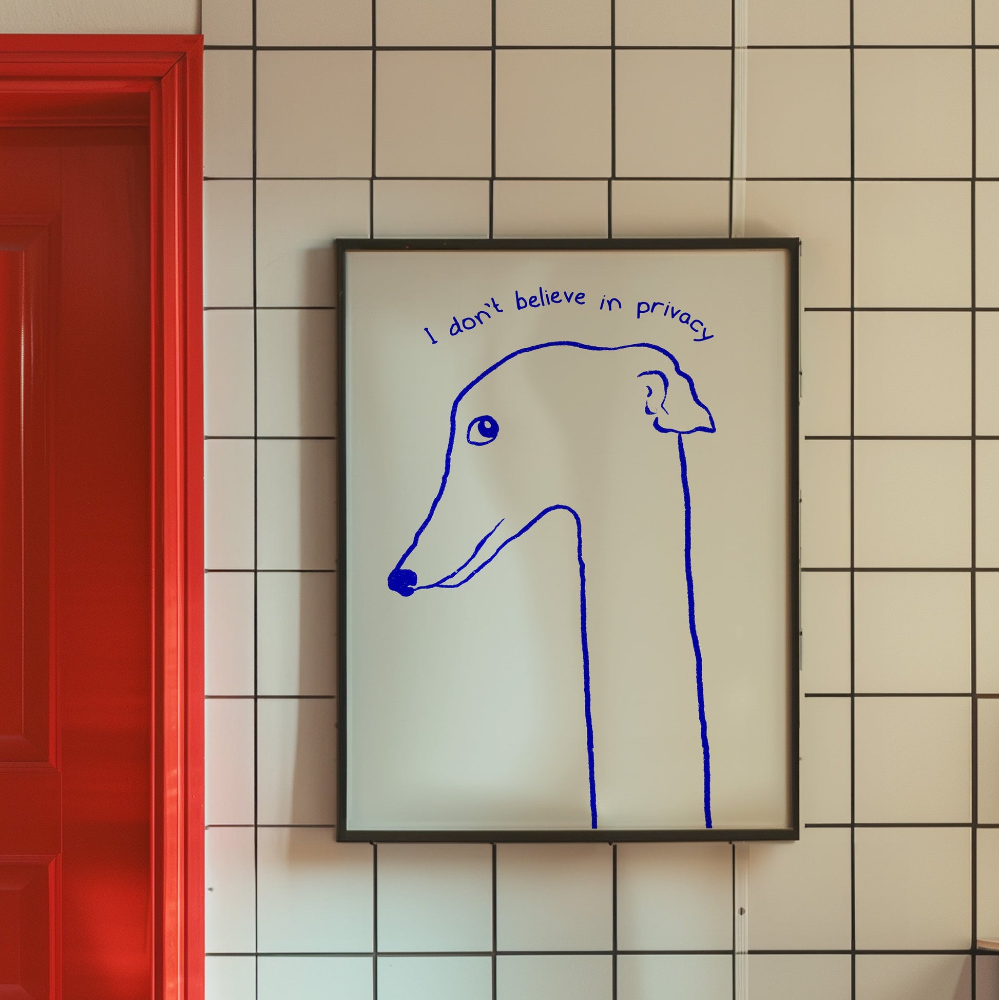 Greyhound illustration wall art with side eye, minimalist dog  framed on a wall