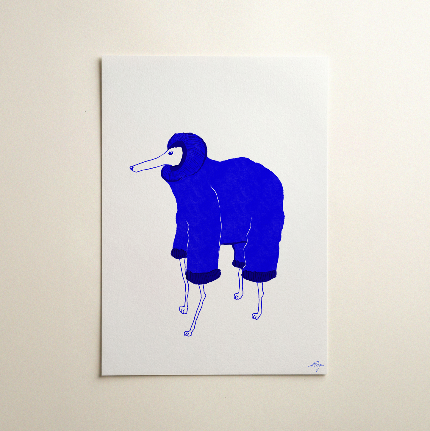 Blue whippet in a coat illustration art print, minimalist dog wall art