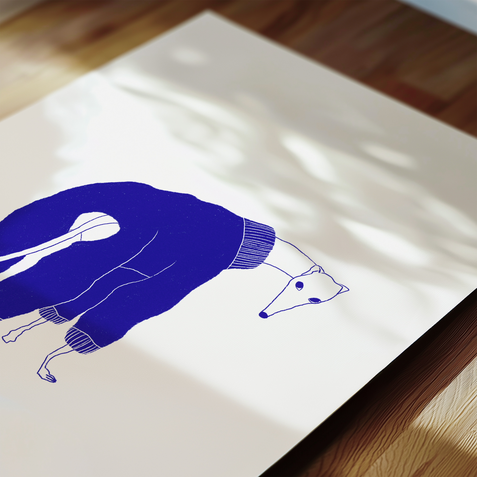 Detail of a blue greyhound illustration art print, minimalist noodle dog wall art