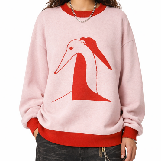 Pink and red Hugging greyhounds illustrated sweater worn by model