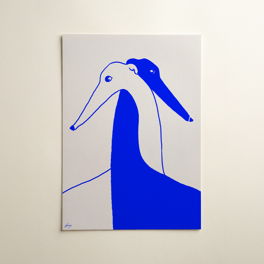 blue hugging greyhounds art print on paper