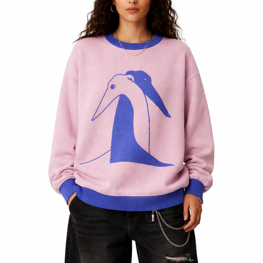 Blue and pink Hugging greyhounds illustrated sweater worn by model