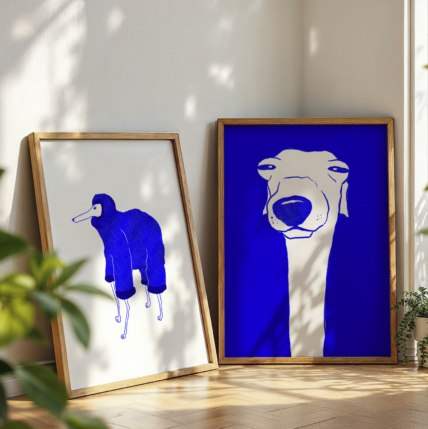 Greyhound and whippet art print set framed wall art