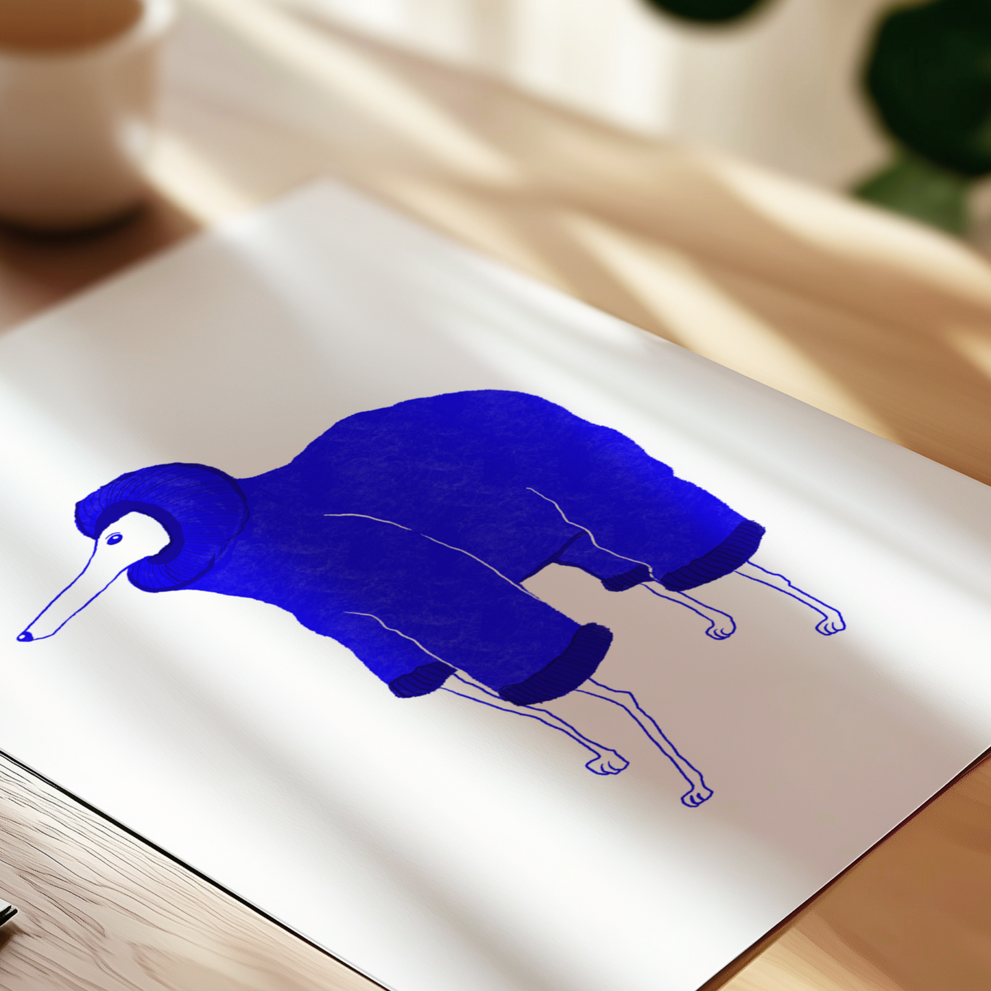 Blue whippet in a coat illustration art print, minimalist dog wall art