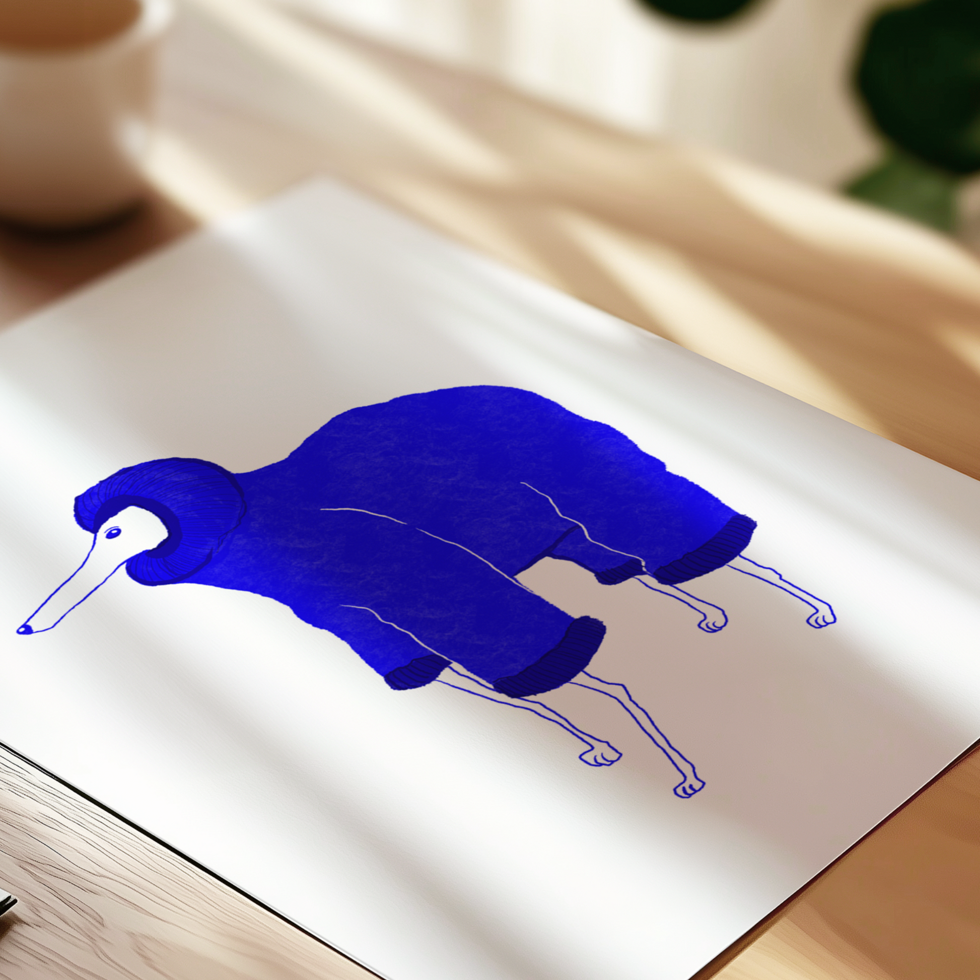 Blue whippet in a coat illustration art print, minimalist dog wall art