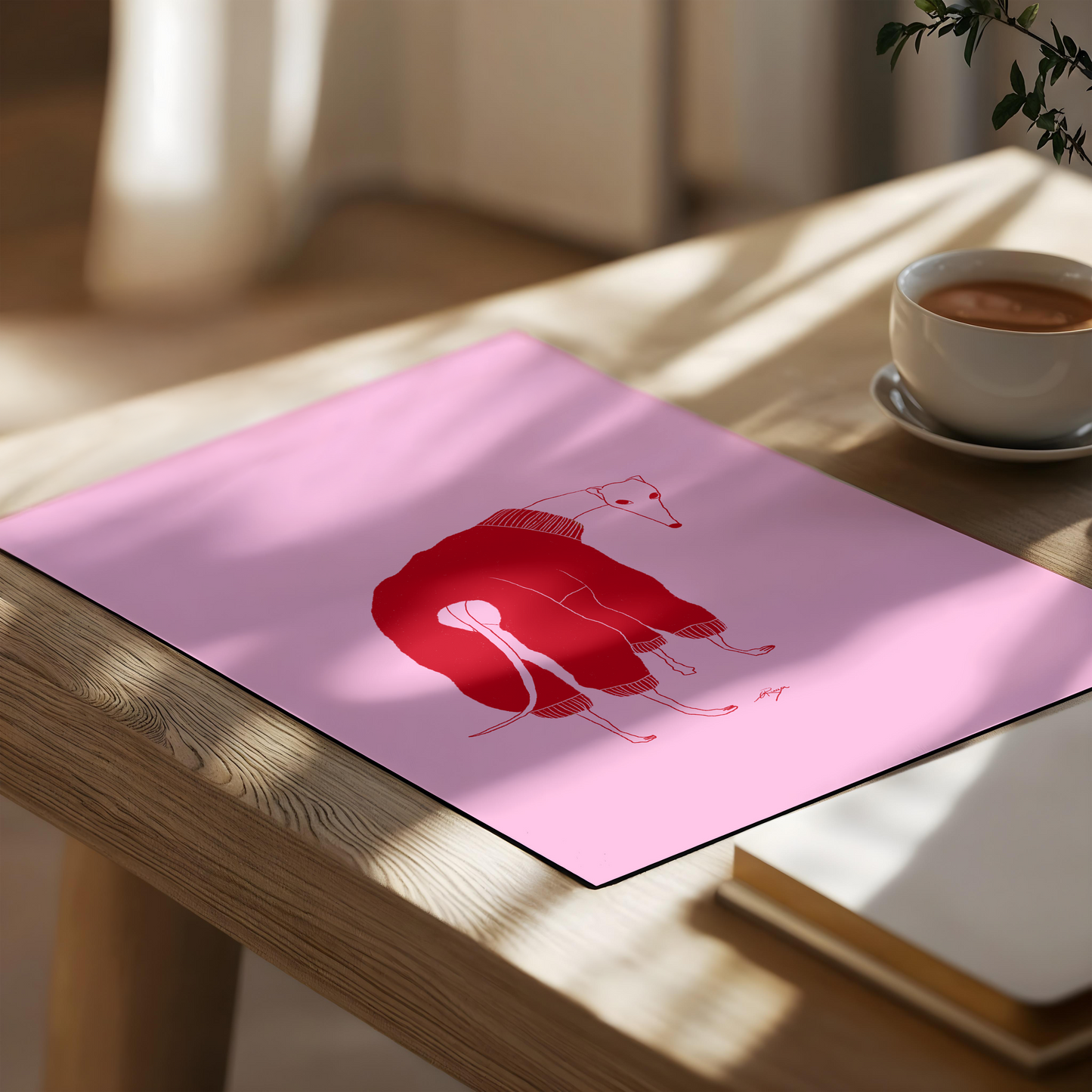 Red and pink whippet dog wearing a cute outfit art print