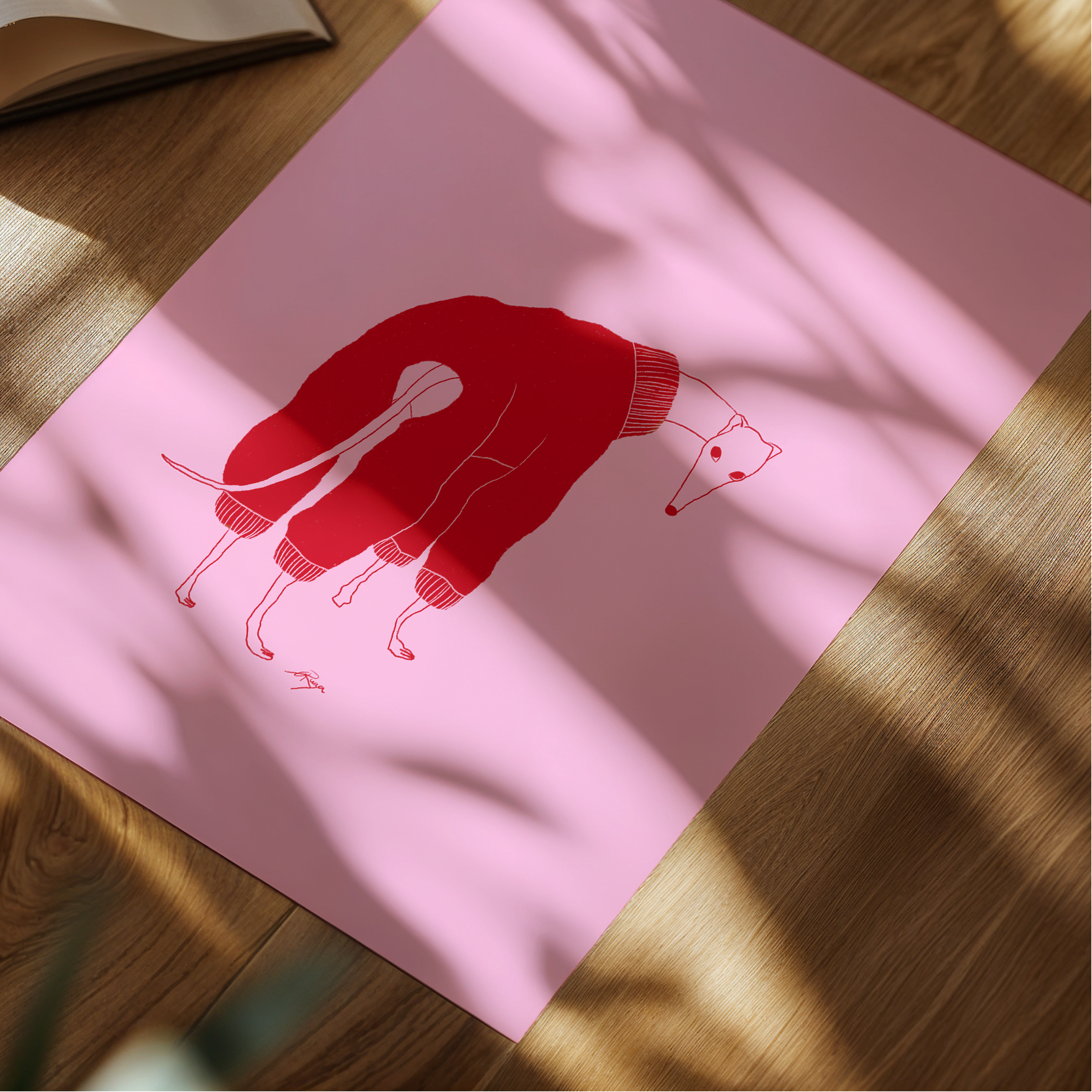 Red and pink whippet dog wearing a cute outfit art print