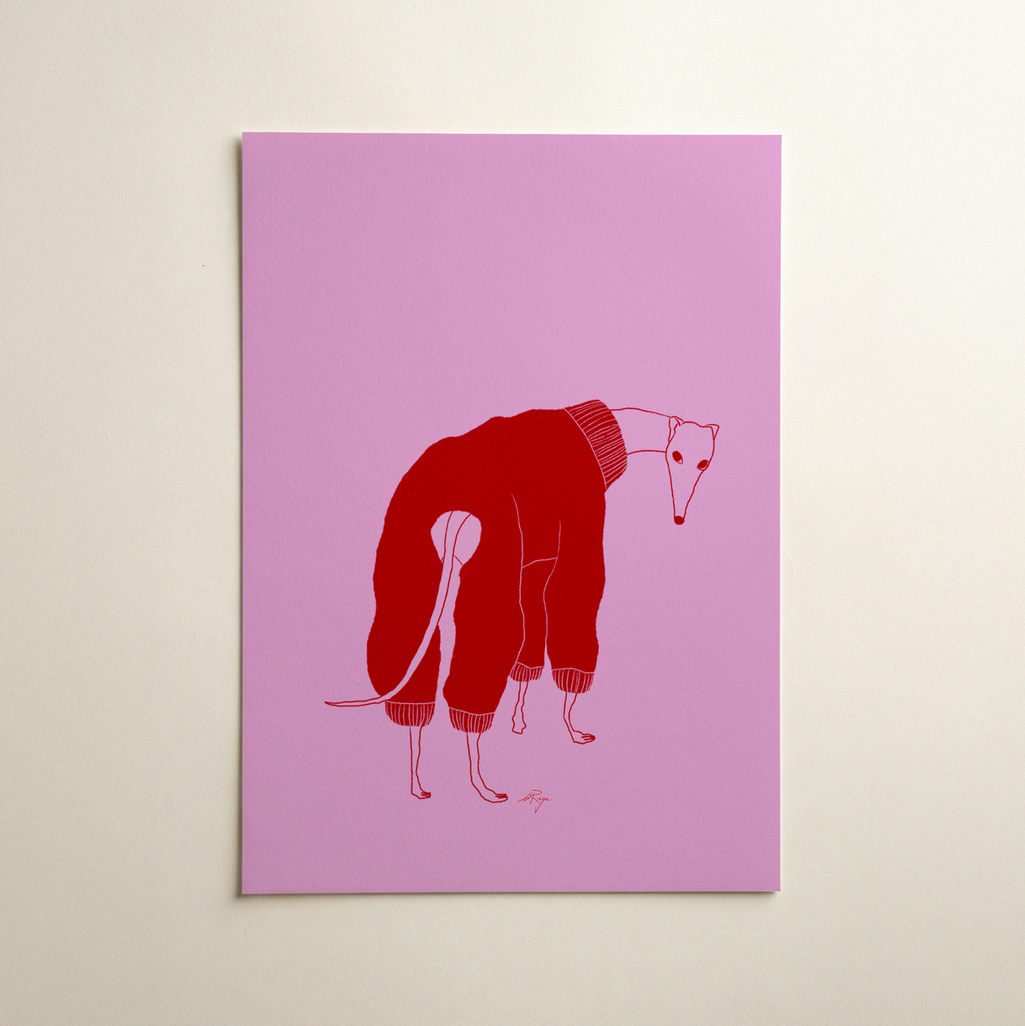 Red and pink whippet dog wearing a cute outfit art print