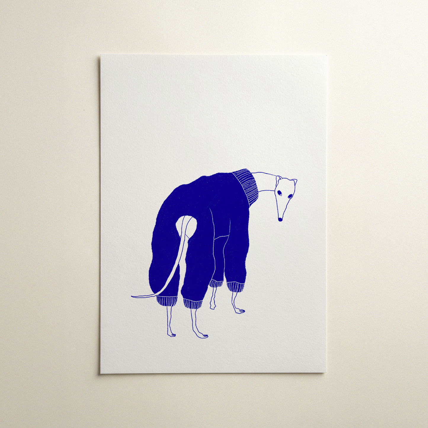 Blue dressed greyhound illustration art print, minimalist noodle dog wall art