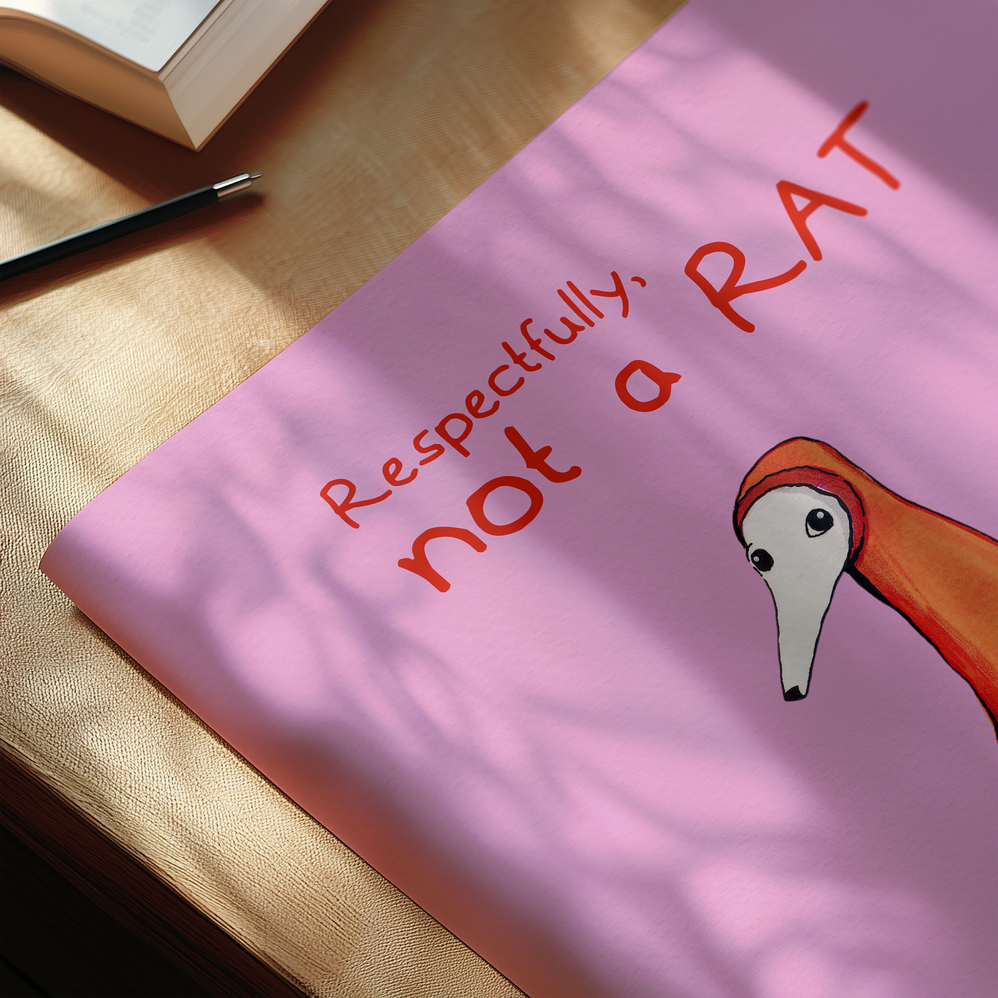 Funny Whippet dog illustration poster with a text "Respectfully, not a rat"