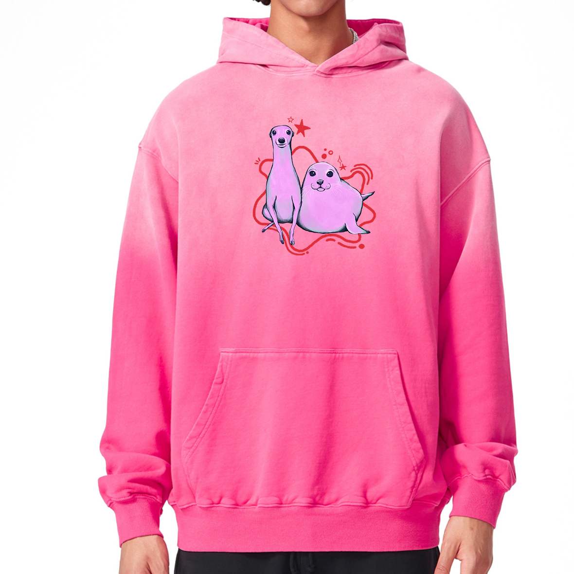 Oversized pink hoodie with whippet and seal illustration