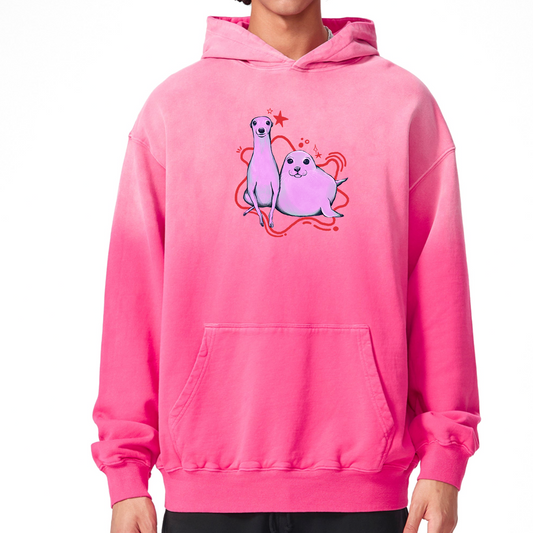 Oversized pink hoodie with whippet and seal illustration